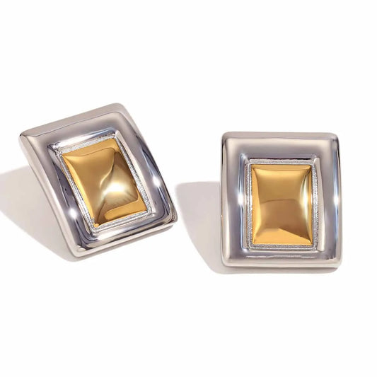 Aretes rectangulares grandes. Bicolor plata con dorado. Acero inoxidable.