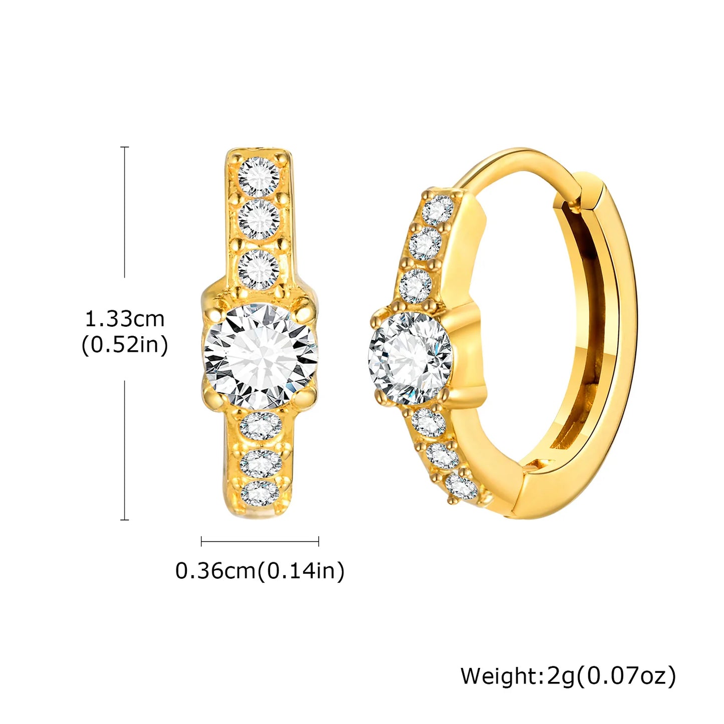 Arracadas chicas con circonias. Color dorado. Acero inoxidable.