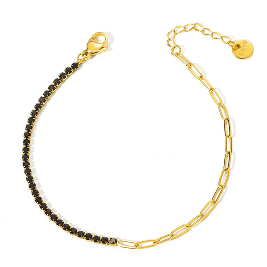 Pulsera delgada mitad circonias negras, mitad cadena. Color dorado. Acero inoxidable.