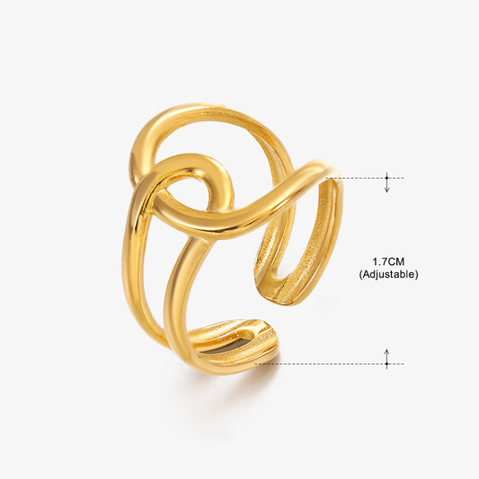 Anillo con diseño enlazado, ajustable. Color dorado. Acero inoxidable.
