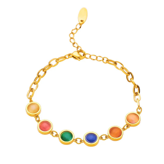 C17 - Pulsera con cristales de varios colores. Color dorado. Acero inoxidable.