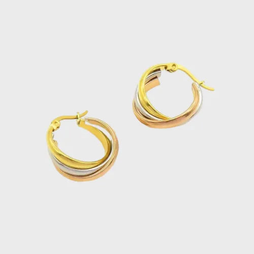 D06 - Arracadas triples, enlazadas. Color dorado, plateado y rose gold. Acero inoxidable.