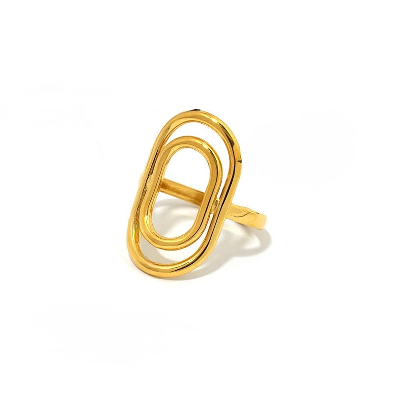 E09 - Anillo óvalos, ajustable. Color dorado. Acero inoxidable.