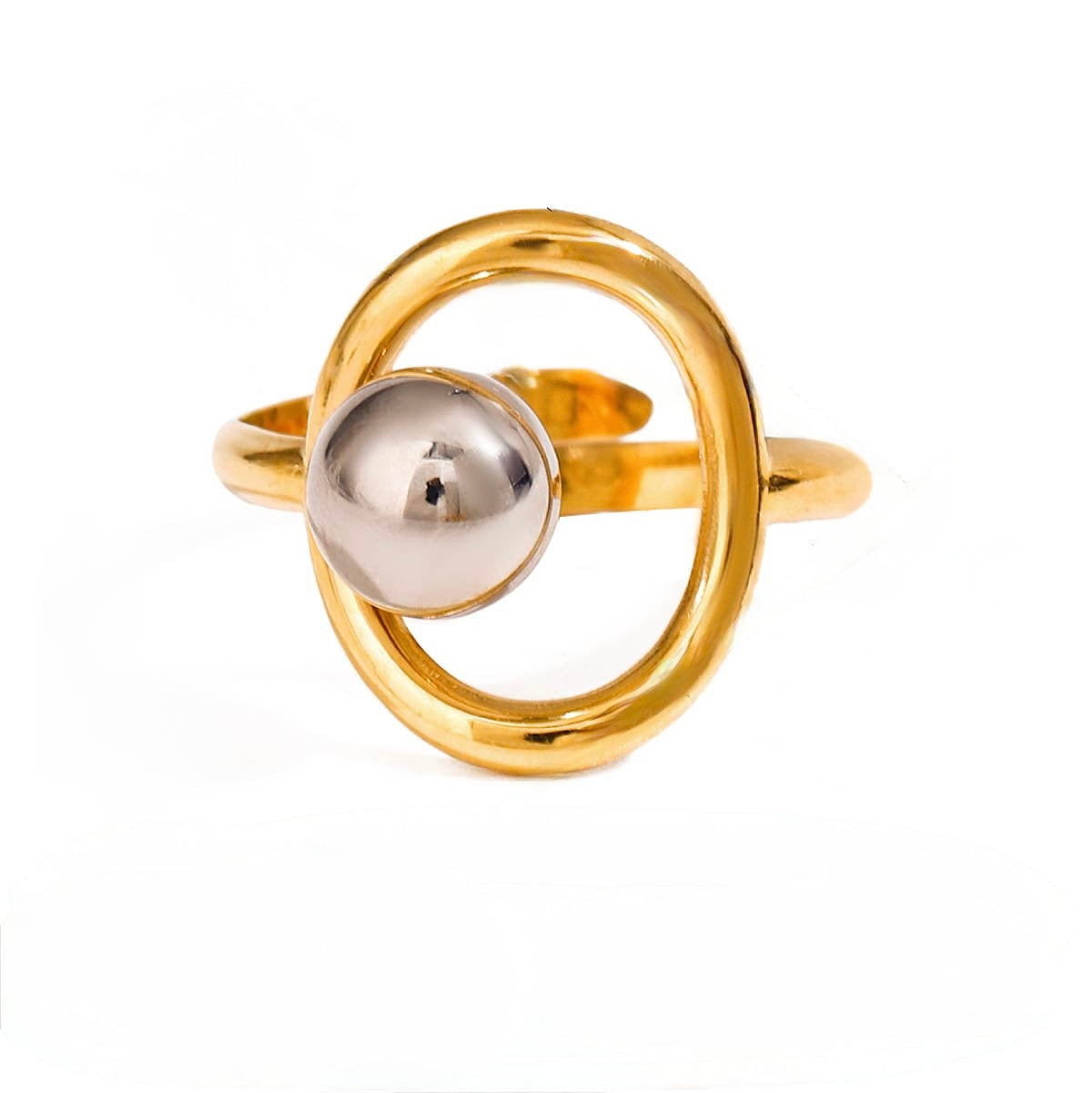 B07 - Anillo círculo con bola. Color dorado con plateado. Acero inoxidable.