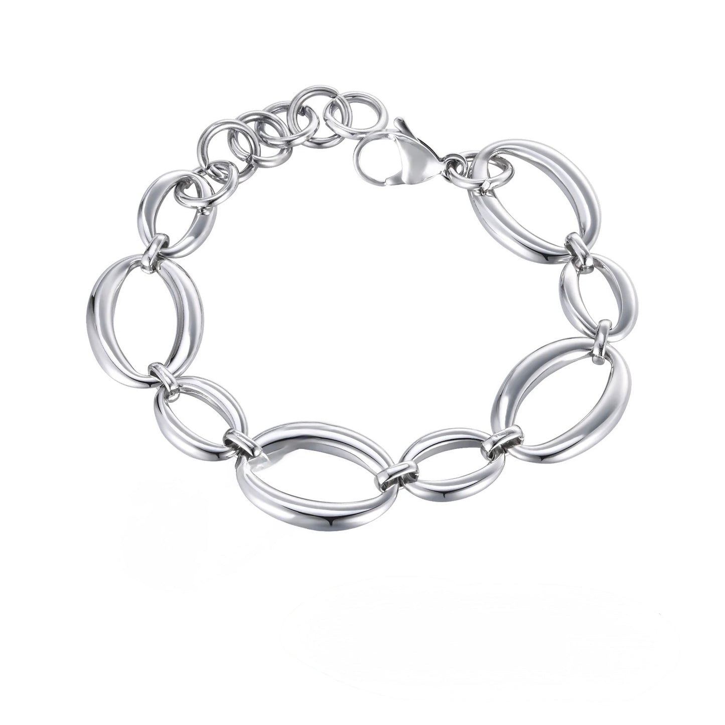 Pulsera eslabones diferentes tamaños. Color plateado. Acero inoxidable.