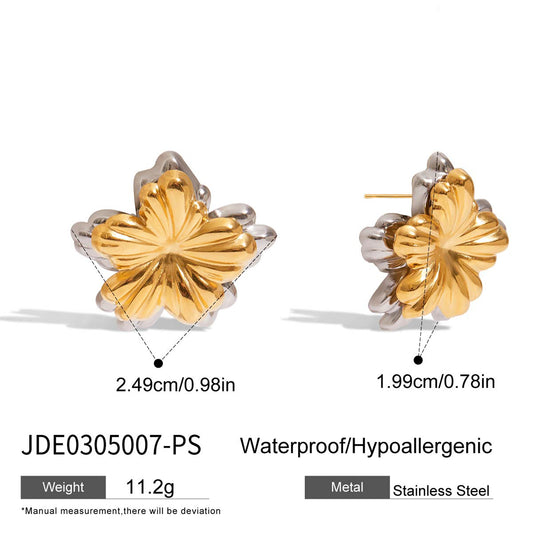 Aretes dobles flor. Color dorado con plateado. Acero inoxidable.